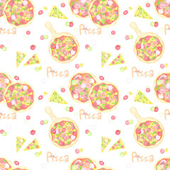 Hand drawn watercolor tomato pizza with vegetables and sign seamless pattern isolated on white background. Can be used for textile, fabric, scrapbook and other printed products.