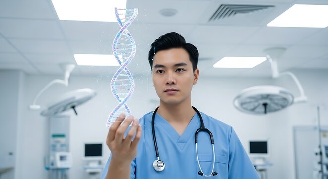 Doctor Examining DNA Double Helix in Modern Hospital Setting - Powered by Adobe