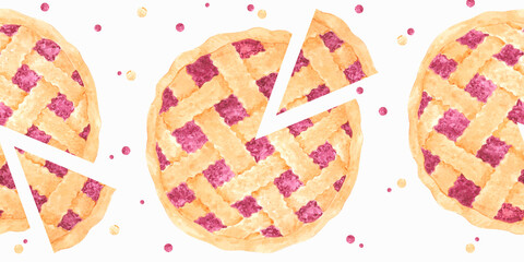 Hand drawn watercolor cut berry pie seamless border. Illustration of food isolated on white background. Can be used for textile, fabric, scrapbook and other printed products.