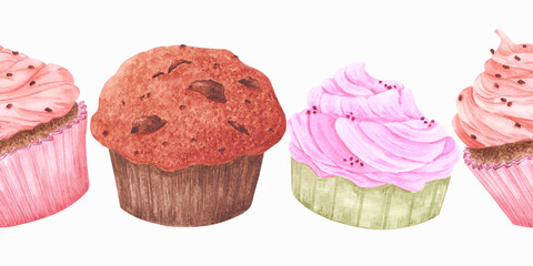 Hand drawn watercolor cupcakes with confetti seamless border. Illustration of food isolated on white background. Can be used for textile, fabric, scrapbook and other printed products.