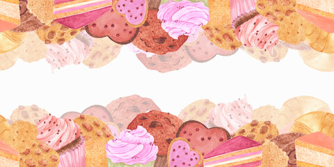 Hand drawn watercolor bakery seamless frame border. Illustration of food isolated on white background. Can be used for textile, fabric, scrapbook and other printed products.