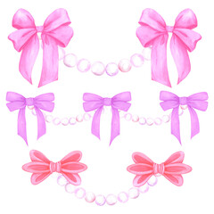 Hand drawn watercolor pearls stings with bows set isolated on white background. Can be used for cards, scrapbook, album and other printed products.
