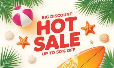 Vibrant hot banner with beach elements offering big discounts up to fifty percent off.