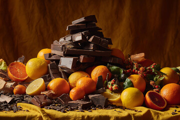 a pile of chocolate oranges and other fruit