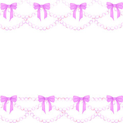 Hand drawn watercolor pearls stings with purple bows frame border isolated on white background. Can be used for cards, scrapbook album and other printed products.