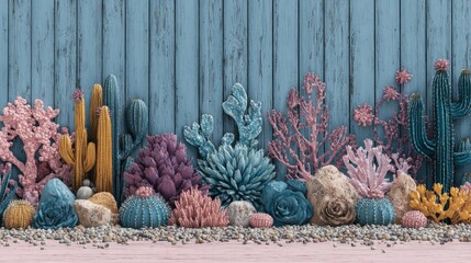 Fototapeta premium This colorful collage artwork presents a stunning representation of a desert landscape complete with cacti and flowers