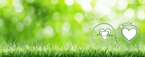 Green Nature Background with Heart Health Symbols and Grass