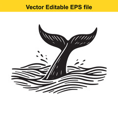Whale Tail Emerging from Ocean Waves Detailed Black and White Illustration Vector Editable EPS File Ready for Creative Projects