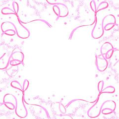 Hand drawn watercolor pearls stings with pink bows and confetti frame border isolated on white background. Can be used for cards, scrapbook album and other printed products.