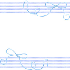 Hand drawn watercolor blue stripes with bows frame border isolated on white background. Can be used for postcards, scrapbook, album and other printed products.
