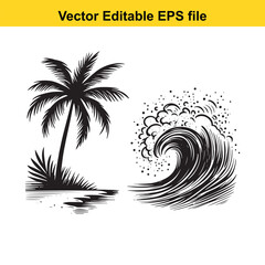 Monochrome Beach Scene with Palm Tree and Wave Hand Drawn Illustration, Vector Editable EPS file