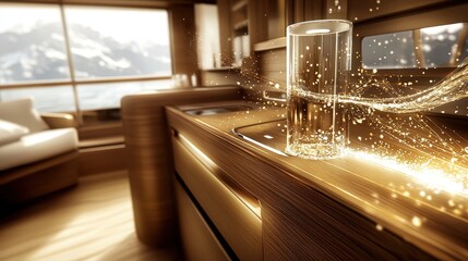 Elegant Wooden Kitchen Interior with Sparkling Water Glass