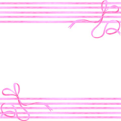 Hand drawn watercolor pink stripes with bows frame border isolated on white background. Can be used for postcards, scrapbook, album and other printed products.