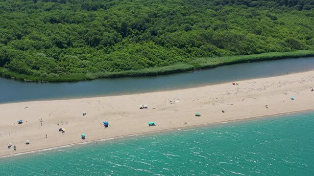 Aerial view to beautiful beach on Sinemorets and mouth of Veleka river, Black sea, Bulgaria