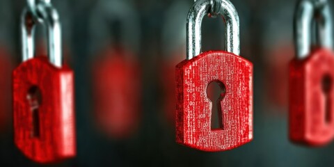 Close-up View of Red Padlocks with Unique Number Patterns on Display