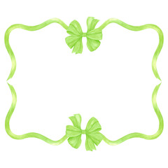 Green ribbon bow frame border, hand drawn watercolor illustration isolated on white background. Horizontal template for greeting card or wedding invitation, postcards and other printed products.