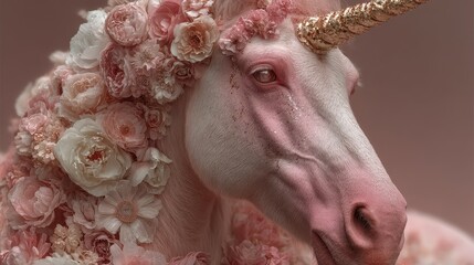 Majestic unicorn adorned with soft pink flowers in a serene and dreamy setting