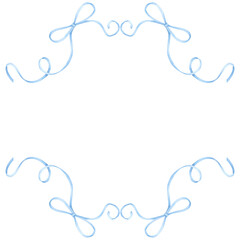 Blue ribbon bow frame border, hand drawn watercolor illustration isolated on white background. Horizontal template for greeting card or wedding invitation, postcards and other printed products.