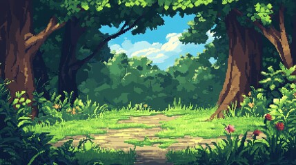 Lush green forest path, dappled sunlight filters through the dense canopy, leading into a tranquil woodland scene