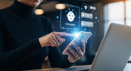 Businesswoman using a smartphone AI assistant with futuristic holographic interface. Concept of digital technology, virtual help, innovation, and artificial intelligence in modern work environments