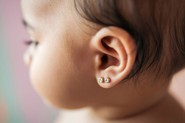 Two delicate diamond stud earrings in baby's ears bathed in warm golden light. Tender moment with subtle criticism of infant ear piercing