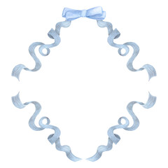 Blue ribbon bow frame border, hand drawn watercolor illustration isolated on white background. Horizontal template for greeting card or wedding invitation, postcards and other printed products.