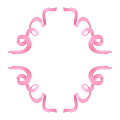 Pink wavy ribbon frame border, hand drawn watercolor illustration isolated on white background. Template for greeting card or invitation, postcards and other printed products.
