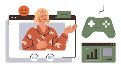 Woman presenting in front of a virtual meeting app window, speech bubble, smiling emotion, game controller, and analytics dashboard. Ideal for communication, gaming, online interaction, education