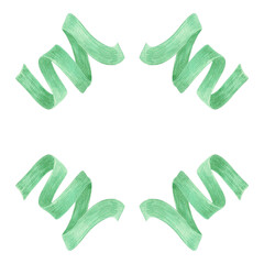 Green wavy ribbon frame border, hand drawn watercolor illustration isolated on white background. Template for greeting card or invitation, postcards and other printed products.