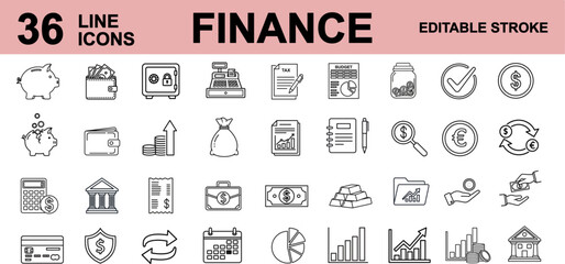 Finance Set vector icons isolated on white background for business.