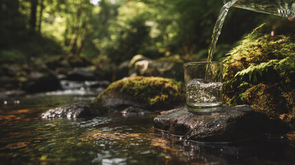 Fototapeta premium Stream of purified water filling a glass placed on a rock amid forest surroundings