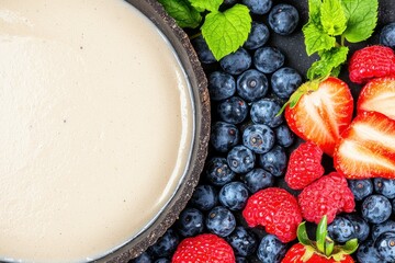 Fresh Berries with Creamy Dip in Rustic Bowl on Dark Background