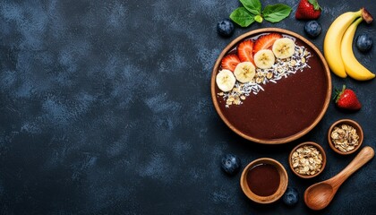 Smoothie Bowl with Fruits and Granola on Dark Background