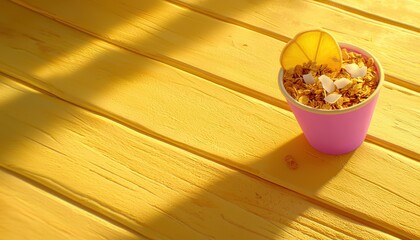 Vibrant Granola Snack in Pink Cup on Sunshine Yellow Table