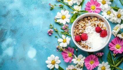 Fresh Yogurt Bowl with Raspberries and Colorful Flower Arrangement