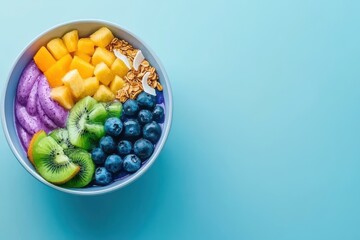 Vibrant Smoothie Bowl with Fresh Fruits and Granola on Blue Table