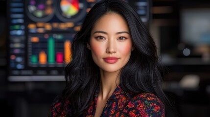 Fototapeta premium Young Business Woman Engaged in Digital Work Focused on Data Analysis in Modern Office Environment