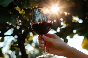 Enjoying a glass of red wine in a vineyard at sunset while basking in the warm glow of the sun