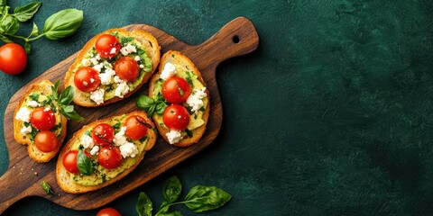 Fresh Tomato and Basil Bruschetta on Wooden Cutting Board