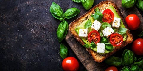 Fresh Basil and Tomato Salad on Toast with Cheese Cubes