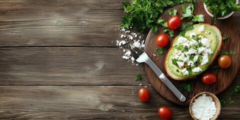 Fresh Avocado Toast with Cherry Tomatoes and Herbs on Wooden Board