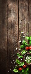 Fresh Basil Leaves and Cherry Tomatoes on Rustic Wooden Table
