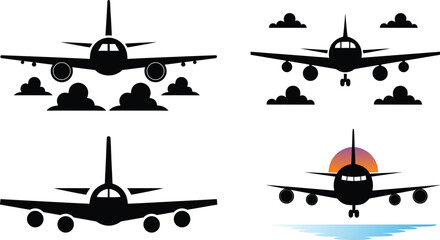 Aircraft Front View Silhouettes with Clouds and Sunset.