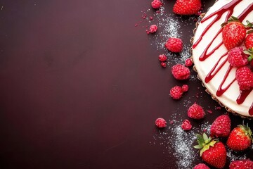 Delicious dessert with fresh strawberries and raspberry sauce drizzle