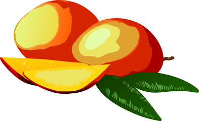 Vibrant mangoes with cut sections and green leaves, emphasizing the fruit’s rich texture and use in tropical, healthy, or gourmet contexts