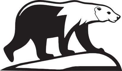 Stylized black-and-white bear walking on land, two-tone vector look suitable for badges, logos, or educational materials.