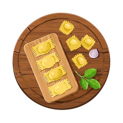 Authentic Ravioli Presentation: Wood Board Display with Fresh Ingredients