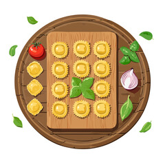 Ravioli pasta with tomato, onion and basil on the wooden board