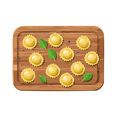 Ravioli and Basil on Wooden Board Illustration