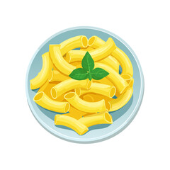 Pasta dish illustration: Rigatoni on a plate with basil garnish.